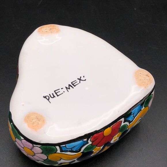 Puebla Mexico Signed Pottery Lidded Dish Handmade Trinket Jewelry Heart Flowers - Picture 7 of 10